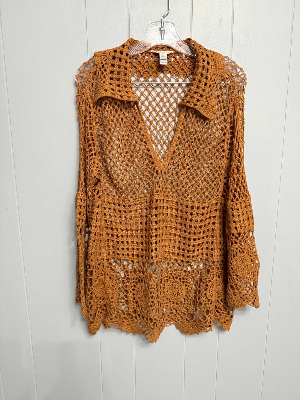 #1) Crochet Openwork V-Neck Tunic in Burnt Orange - Picture 2 of 7